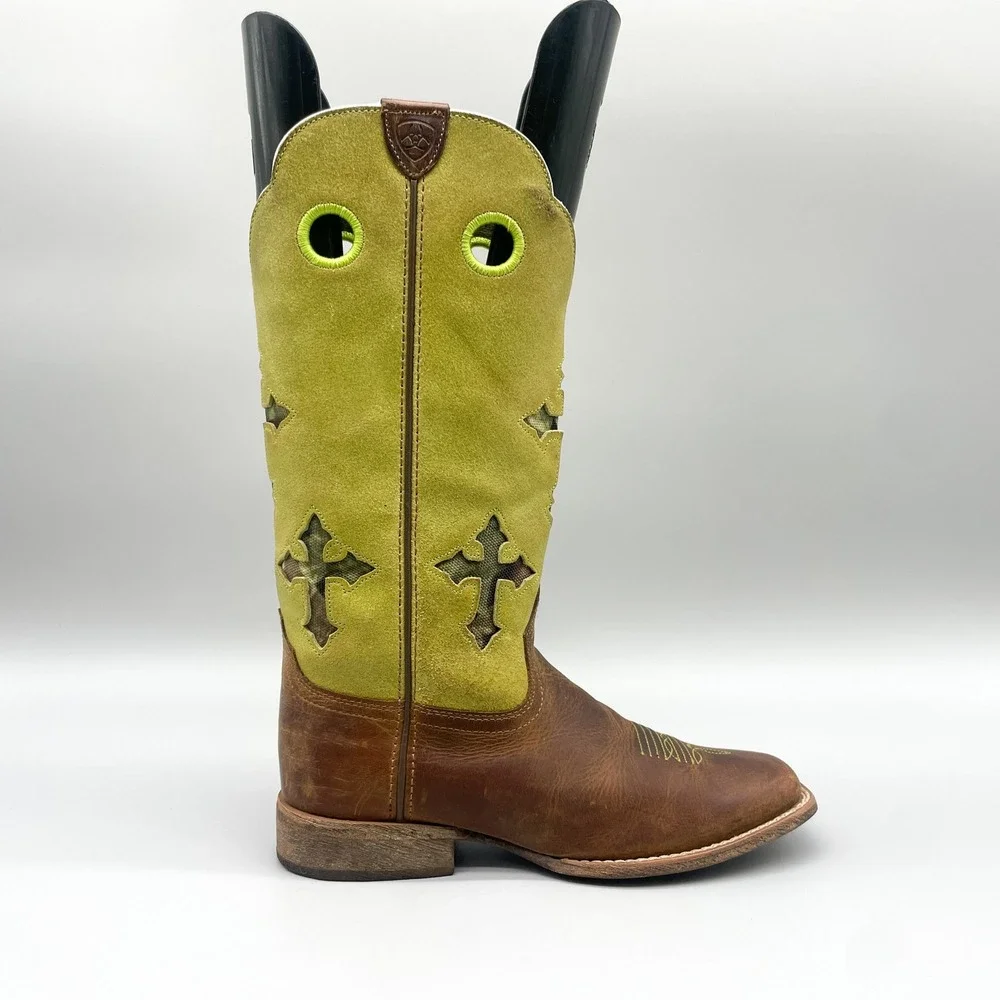 Ariat Kids Size 2 Brown Leather Lime Green Suede Camo Cross Western Boots